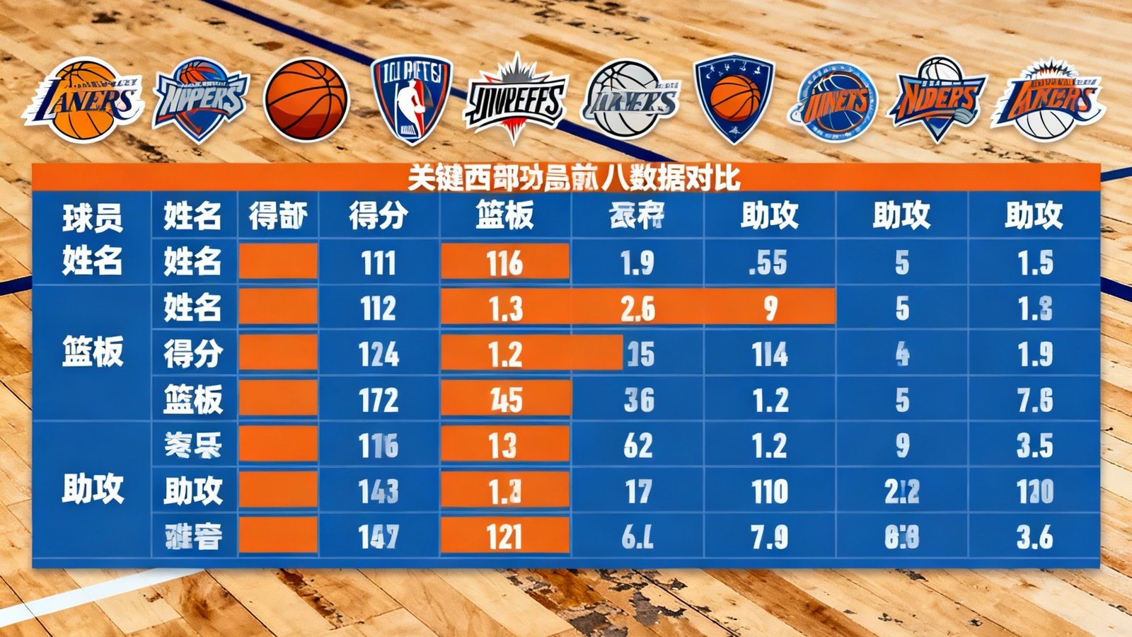 NBA西部季后赛形势分析文章配图，展示西部前八球队的队标排列和关键球员的数据对比图表，背景是篮球场木地板的特写纹理。